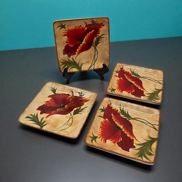 Pier 1 Imports Set/4 Poppies Hand-Painted Earthenware 6" Square Appetizer Plates - Picture 2 of 16